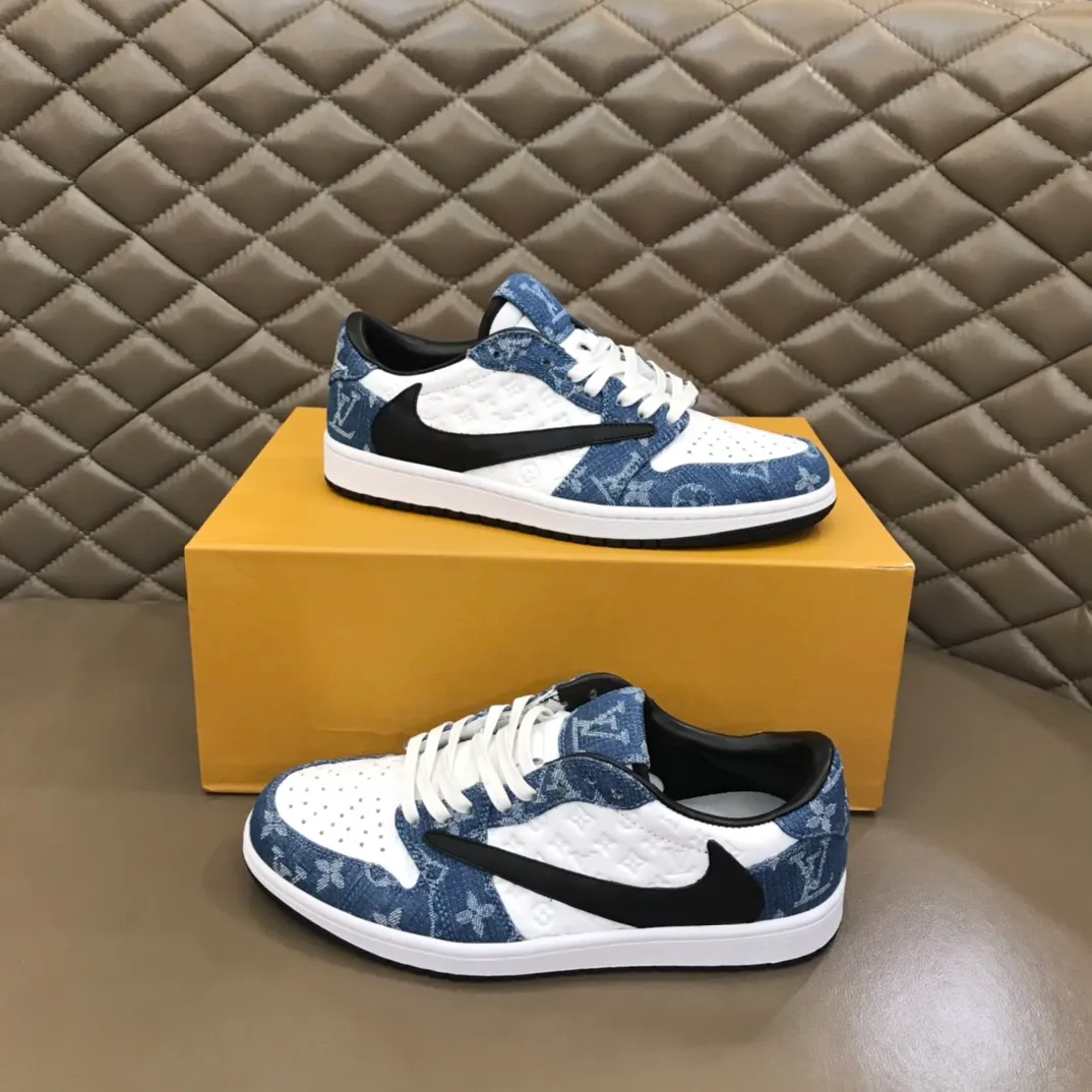Men's shoes 💰p440 "*OUIS *UITTO* Nike" new original drawer box, co-branded low-top casual sneakers, this sneaker is completely made of denim canvas splicing leather, decorated with Louis Vuitton's iconic monogram and Damierl pattern with natural cowhide piping. The upper of this shoe combines LV’s most classic Monogram and Damier elements, giving it a sense of luxury and recognition! Size: 38-45